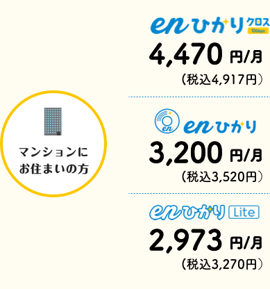 マンションにお住まいの方eｎひかりクロス4,470円/月（税込4,917円）eｎひかり3,200円/月（税込3,520円）eｎひかりLite2,973円/月（税込3,270円）